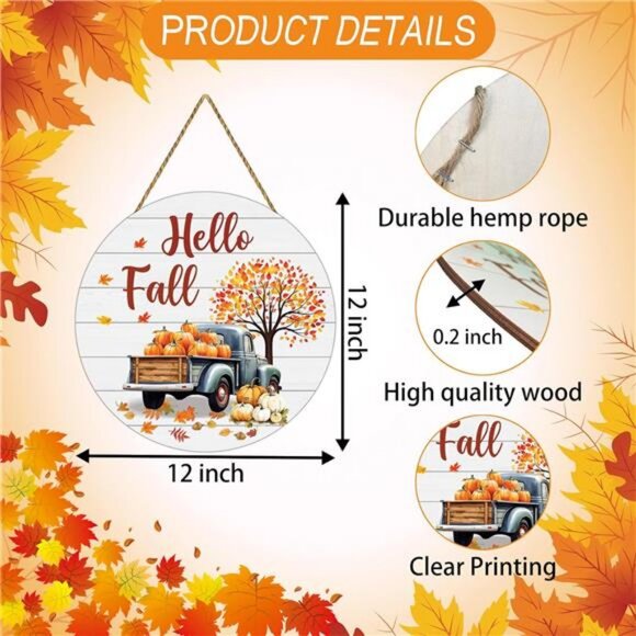 Maple Leaf Pumpkin Hanging Sign Wooden Front Door Hanger for Autumn Harvest - Picture 3 of 8